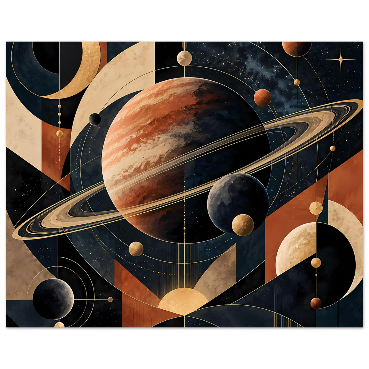 Poster mit großem Planeten, Ring und schwebenden Kreisen, warme Erdtöne und dunkles Himmelsblau