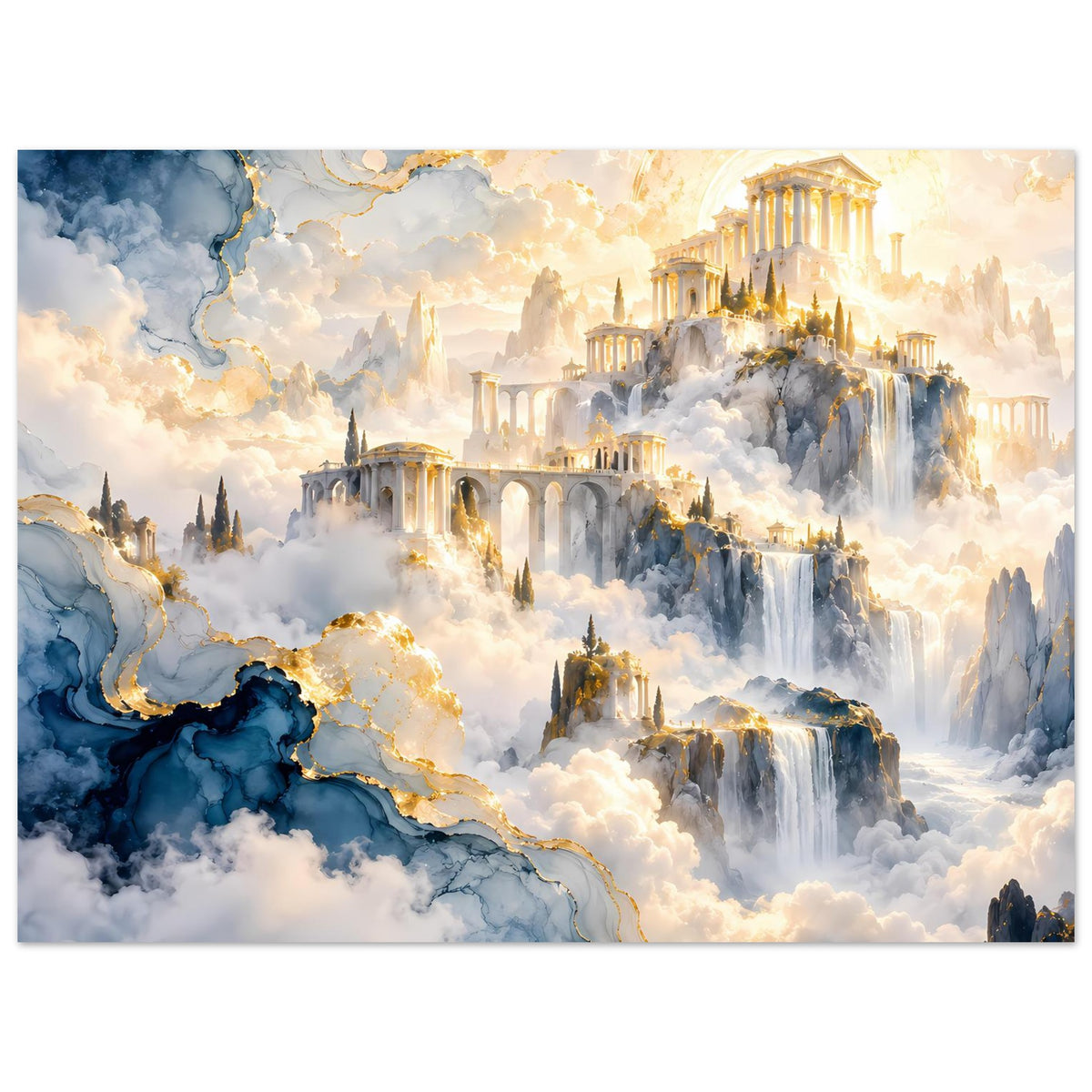 Horizontales Poster: majestätische Tempelbauten, Wasserfälle, Wolkenlandschaft in Blau und Gold