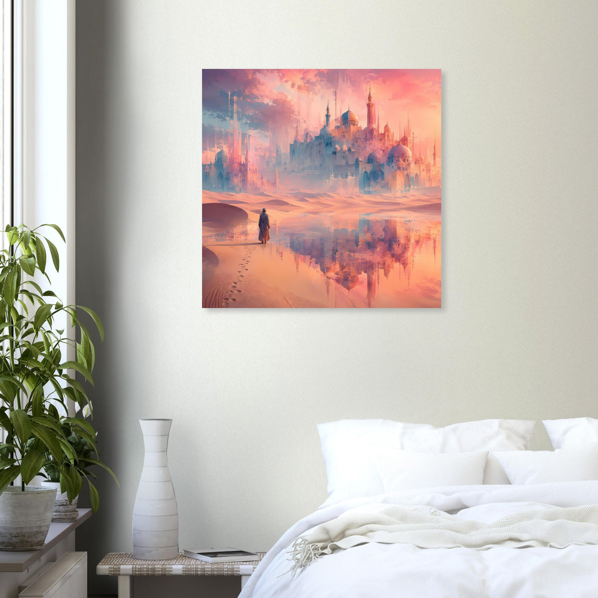 Poster zeigt orientalisches Schloss zwischen Sanddünen im rosafarbenen Licht