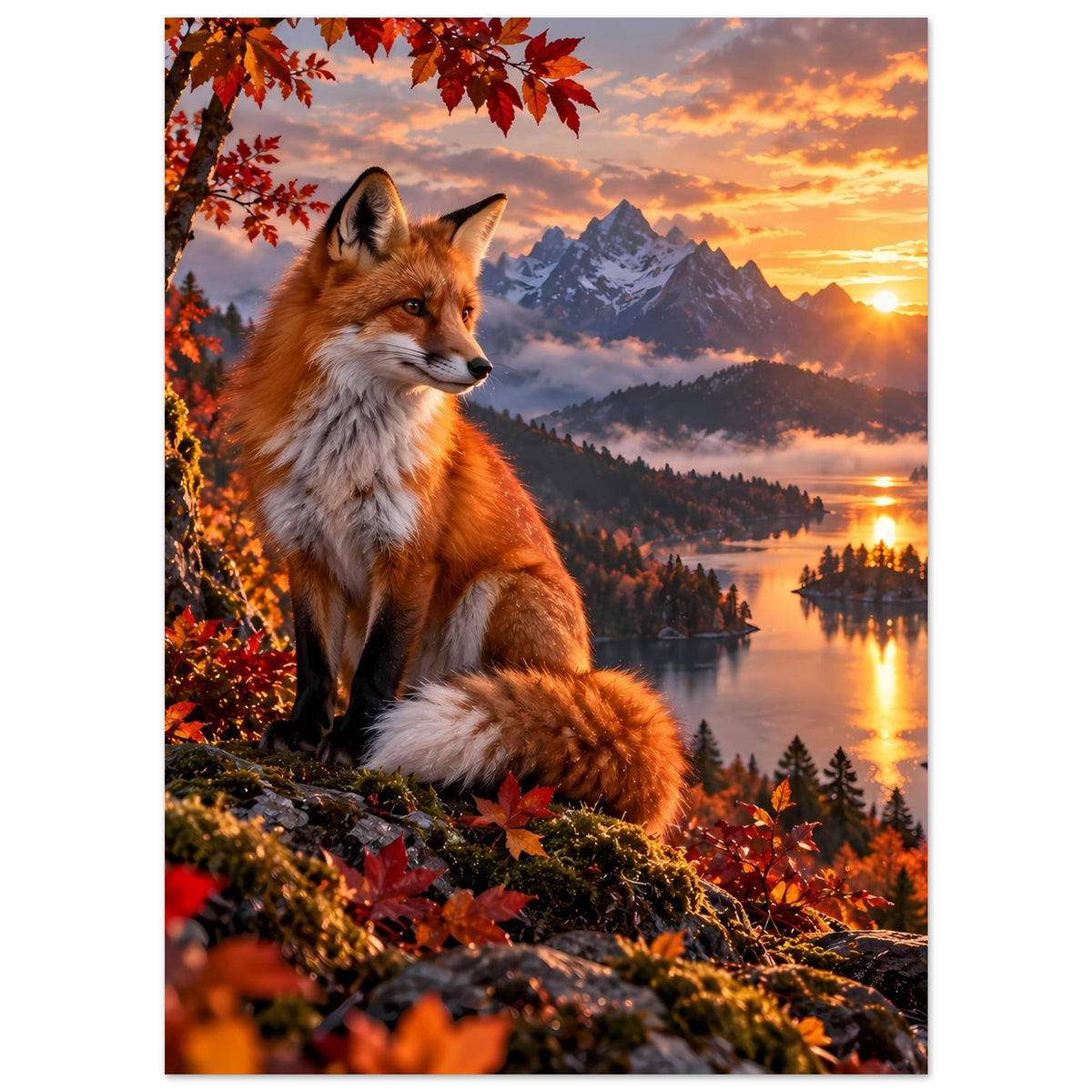 Naturposter mit Rotfuchs im Vordergrund, orange-rotes Herbstlaub, See und Bergkulisse