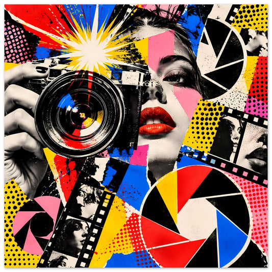 Pop-Art-Fotoposter mit Porträt einer Frau, Kameraobjektiv und bunten Comic-Mustern