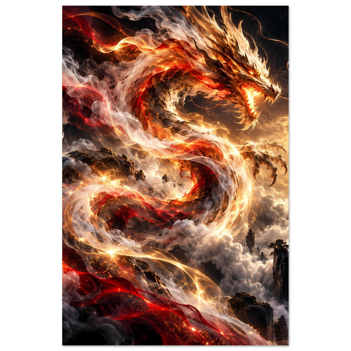 Drachenposter im Hochformat mit spiraliger Feuerbahn, Funken und Nebel