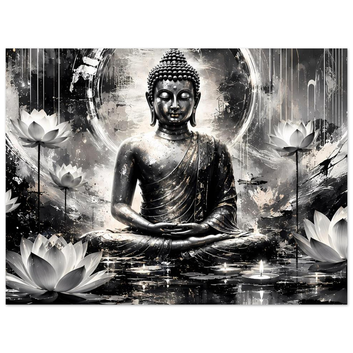 Buddha-Kunstposter in Schwarzweiß, frontal mit Lichtkranz und meditierender Pose