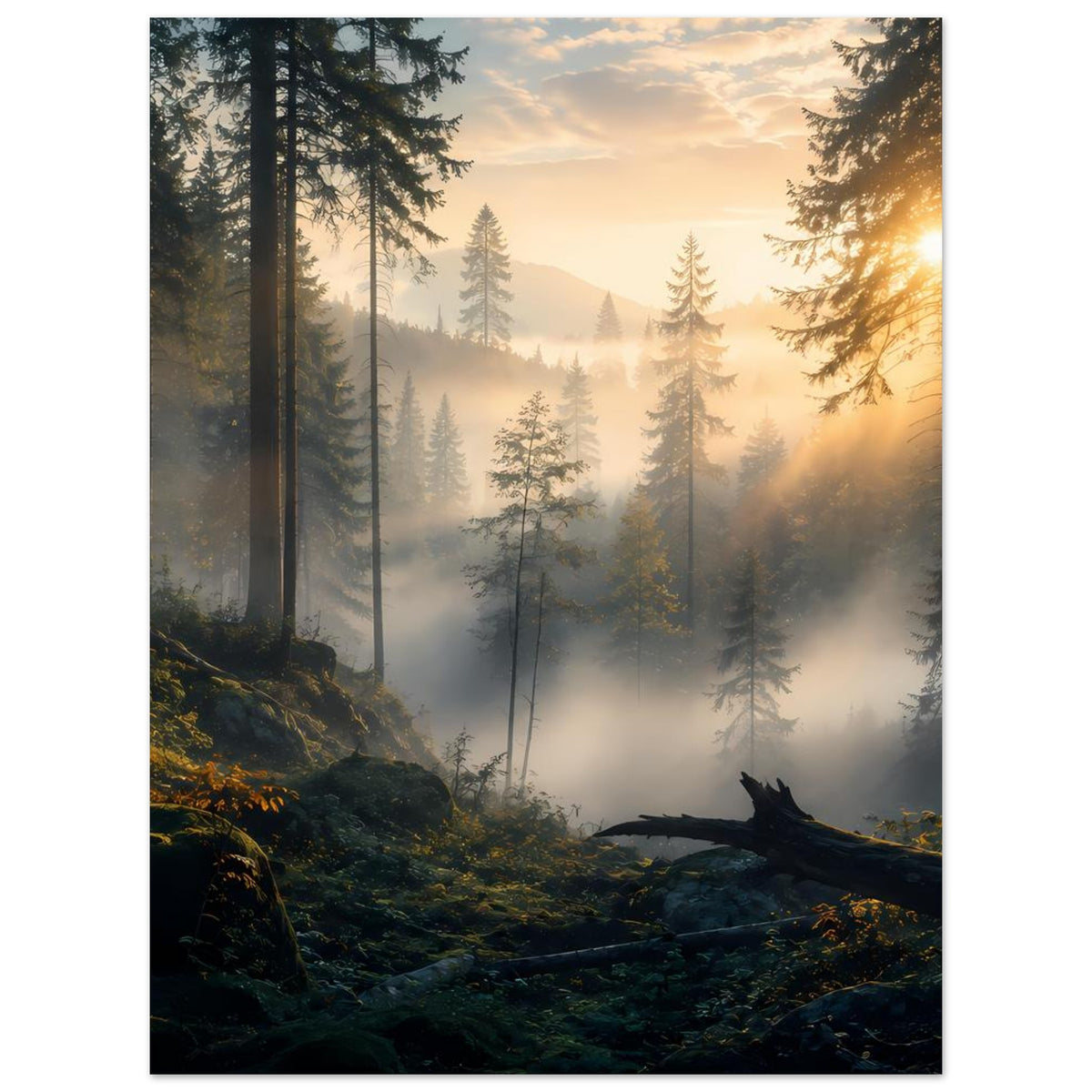 Wandposter mit mystischem Wald bei Sonnenaufgang, hohe Kiefern und Nebel im Sonnenlicht