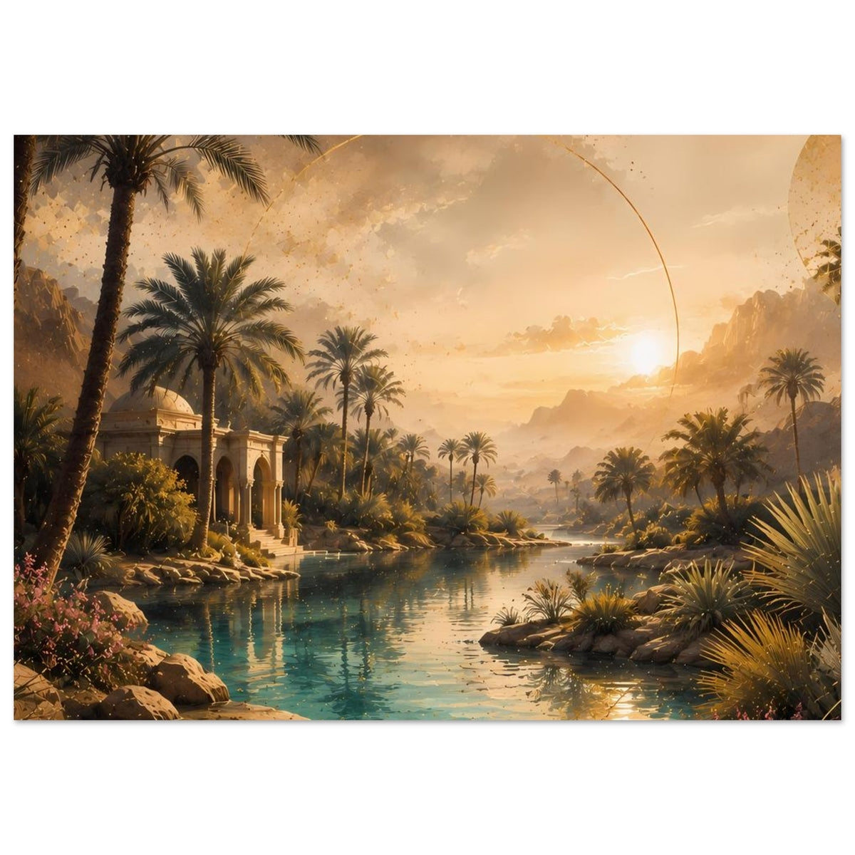 Wüstenoasen-Poster mit Palmen, orientalischem Pavillon, türkisblauem Wasser und Sonnenaufgang