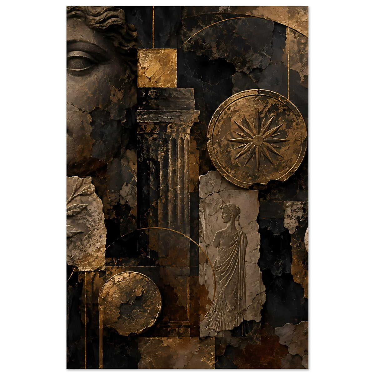 Wandposter vertikal: antikes Relief mit Büste, Scheibe, Säule und Figur in Bronze/Schwarz