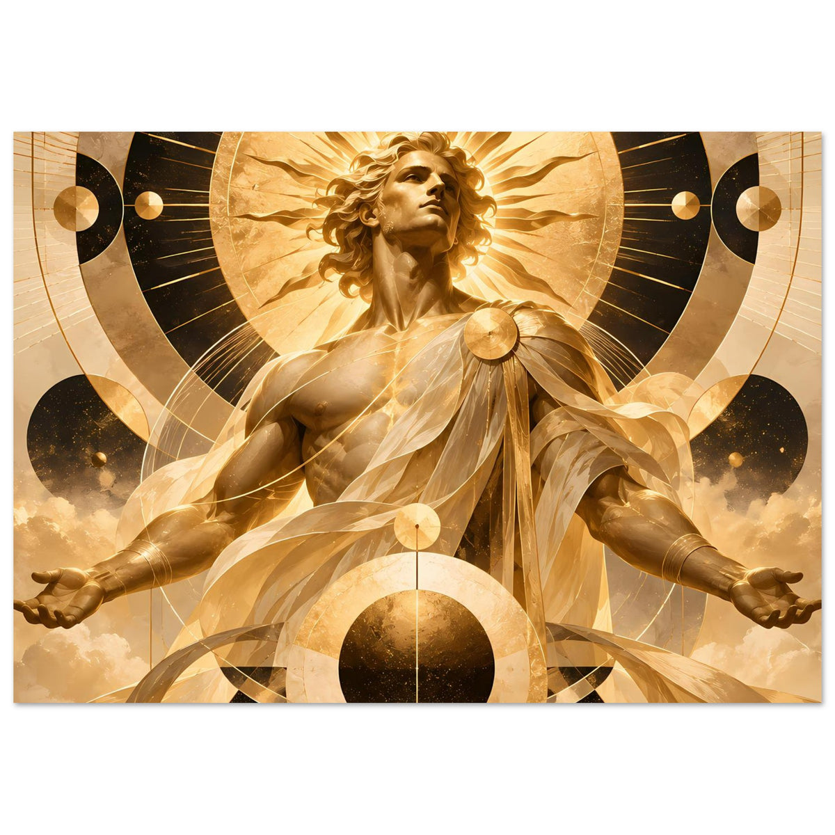 Horizontales Wandposter mit goldener Engel-Figur, Kreismotiven und Wolken im unteren Bereich.