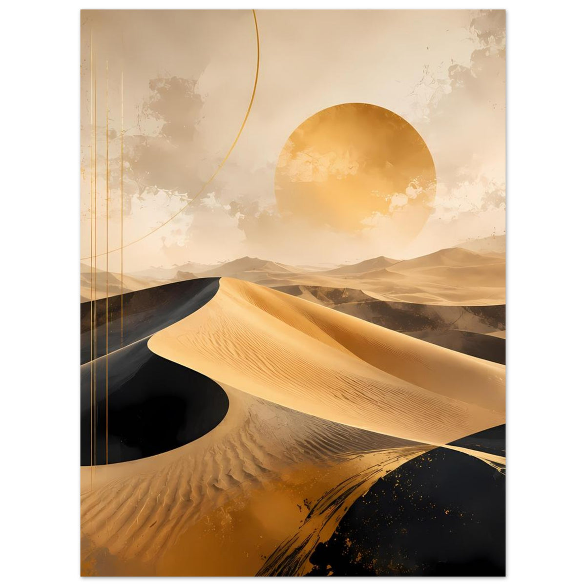 Wüstenposter mit goldenen Dünen, schwarzem Sand und großer Sonnenscheibe