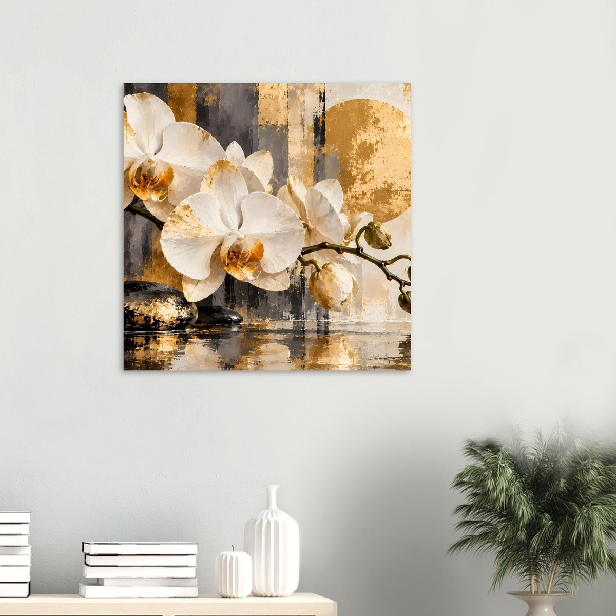 Orchideen-Poster klein: weiße Orchideenblüten und goldbraune Pinselstruktur mit Reflexionen