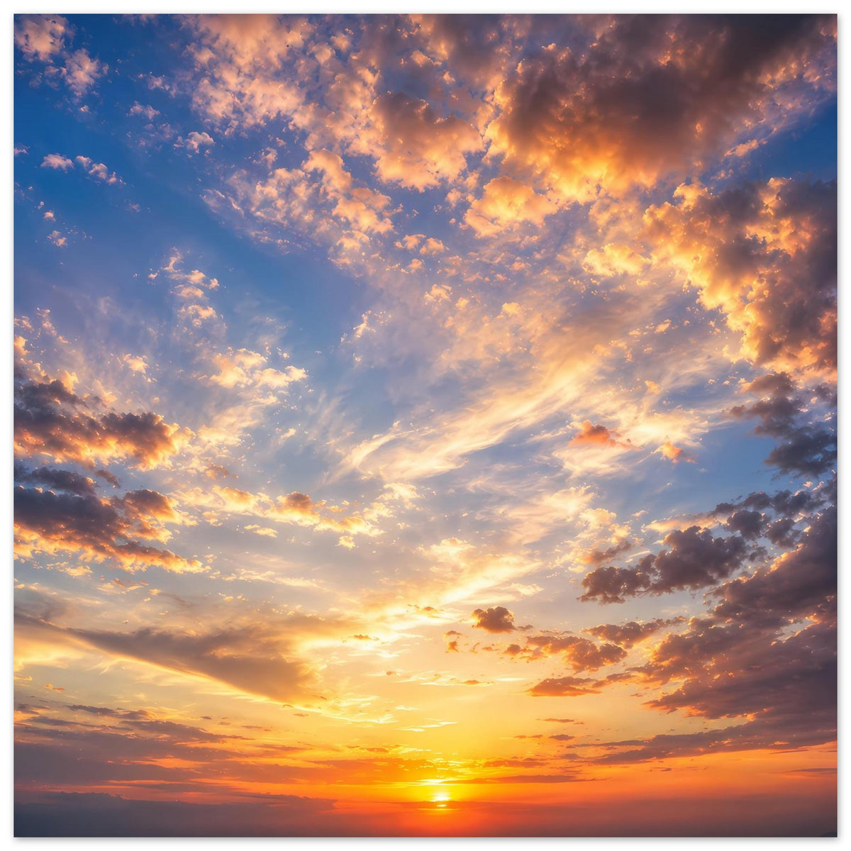 Poster mit Sonnenuntergang am Himmel, leuchtende Wolken und untergehende Sonne