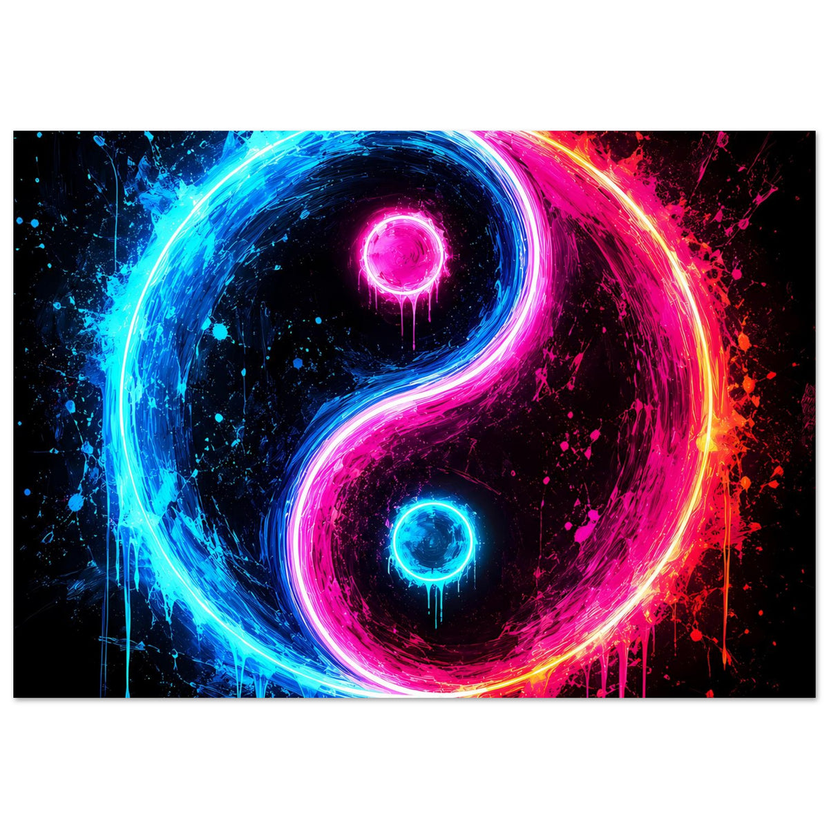 Querformat-Poster mit Yin-Yang-Symbol in Neonblau, Pink und leuchtenden Spritzern