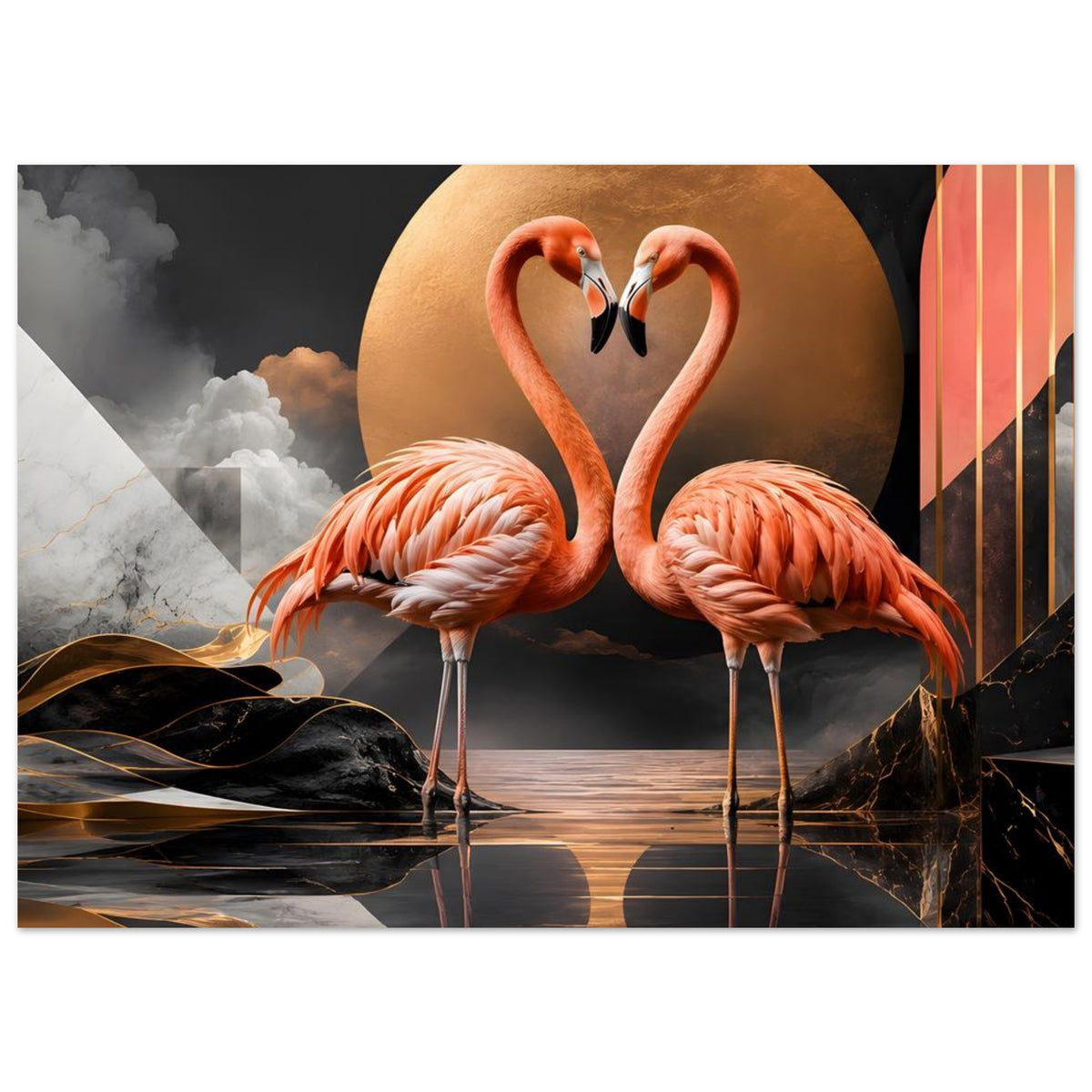 Flamingo-Kunstposter: zwei Flamingos, goldenes Kreis-Emblem und orangefarbene Streifen