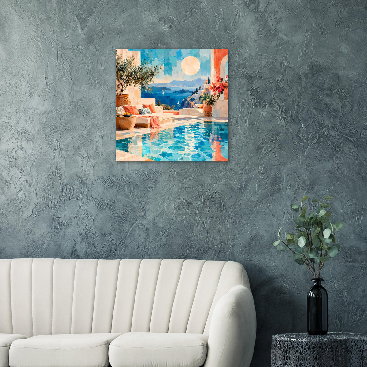 Poster mit Pool- und Meerblick, blaues Wasser vor mediterraner Kulisse