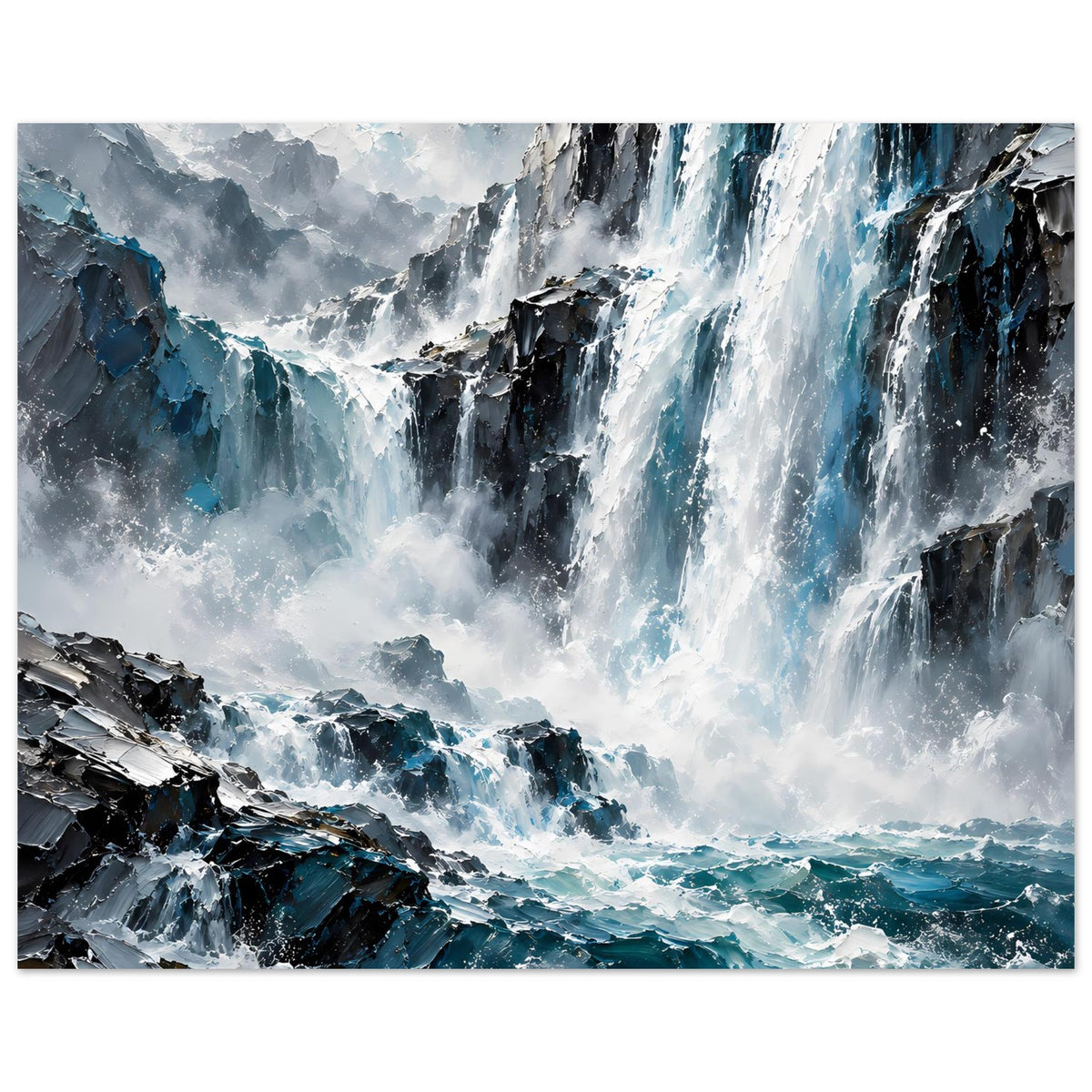 Wasserfall-Ozeanposter im Querformat: großes Wasserfallmotiv, Felsen, türkisblaues Meer