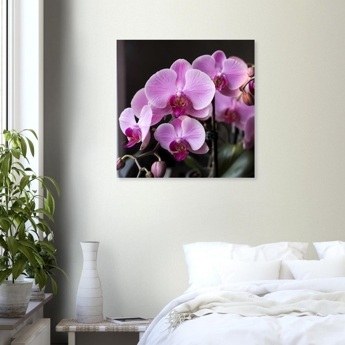 Quadratisches Poster mit lila Orchideenblüten, zarte Blütenblätter sichtbar