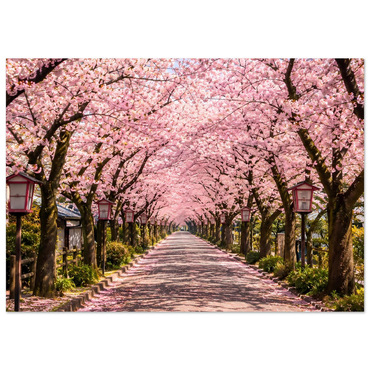 Kirschenblütenallee Poster mit breitem Motiv: rosa Blüten über dem Weg und Laternen