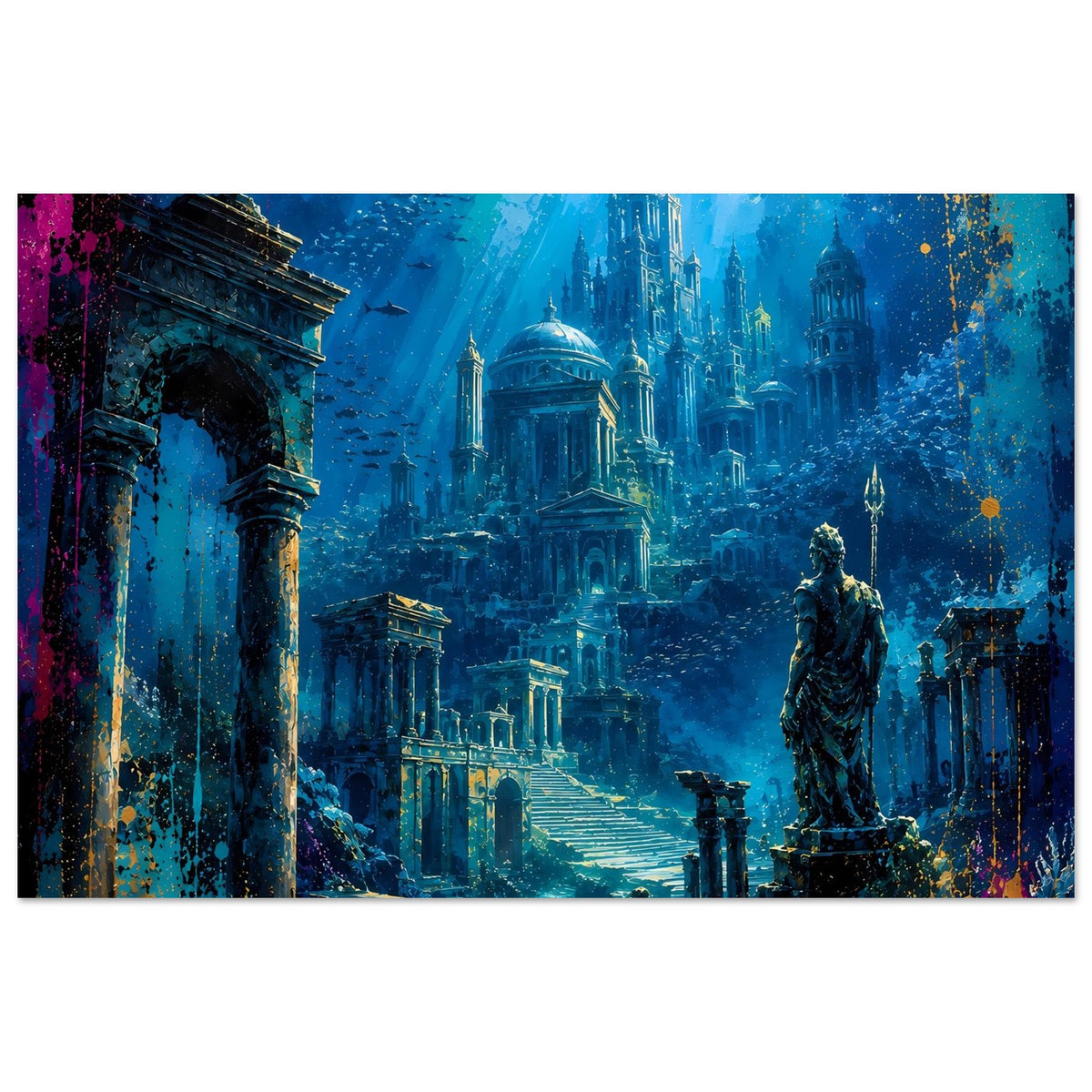 Poster mit Unterwasserstadt: Säulen links, zentrale Kuppel, Türme im Hintergrund, Statue rechts