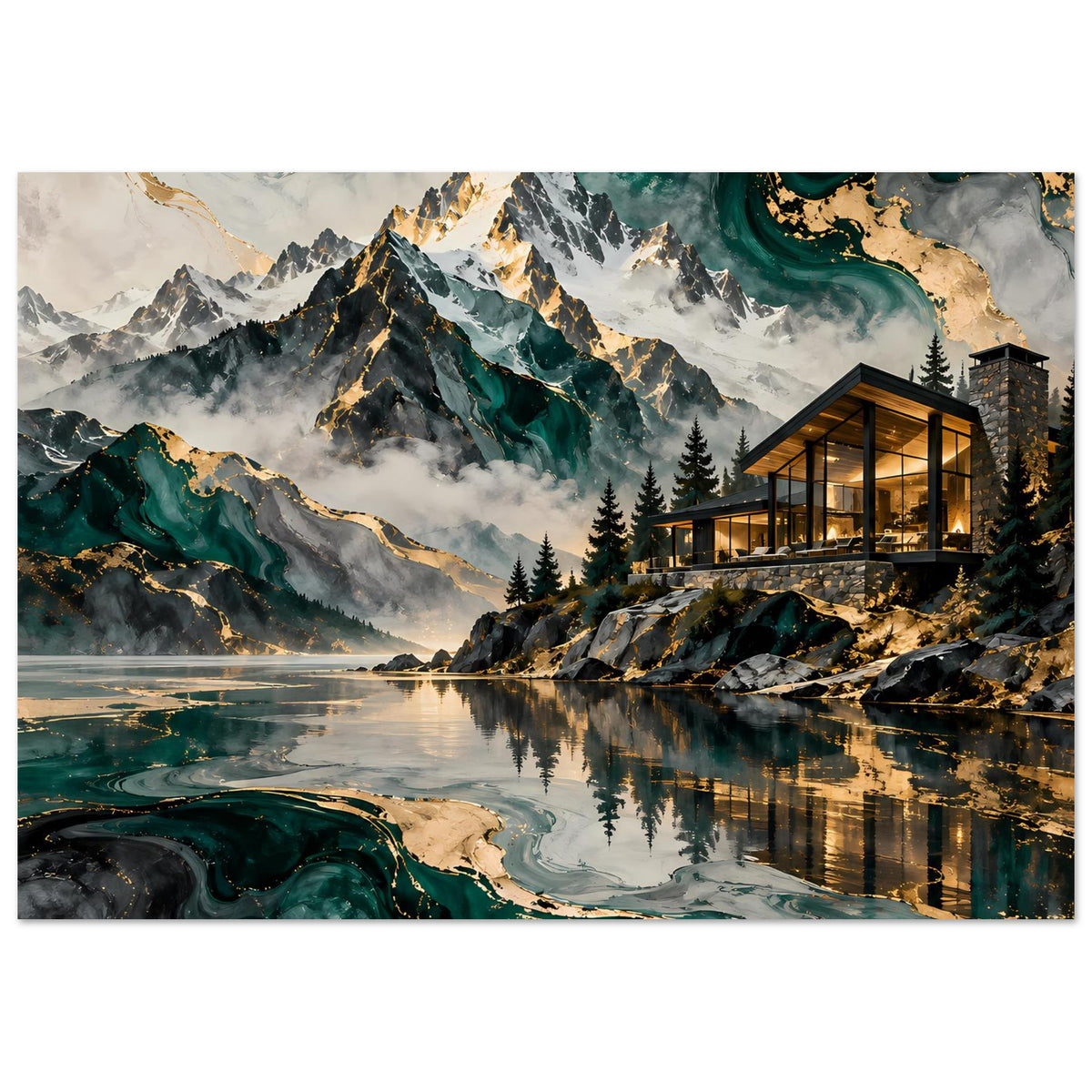 Querformat-Poster: Berglandschaft mit See und Glaspavillon, goldene Lichtakzente.