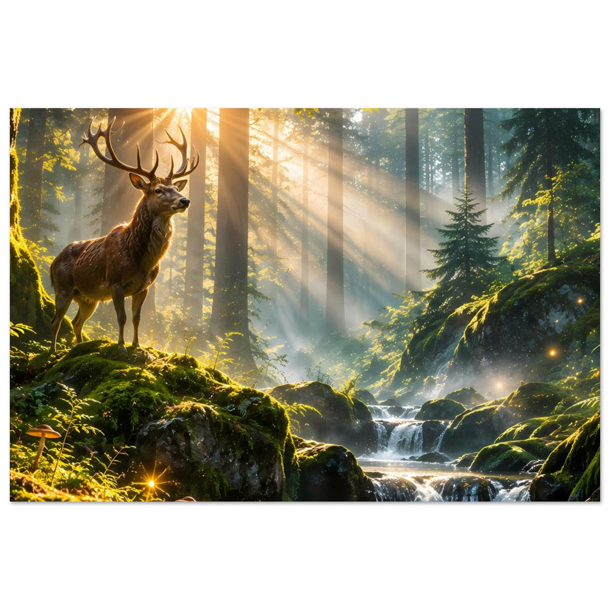 Wandposter mit Hirsch auf moosigem Untergrund, Wasserfall, Nebelschleier und Sonnenlicht