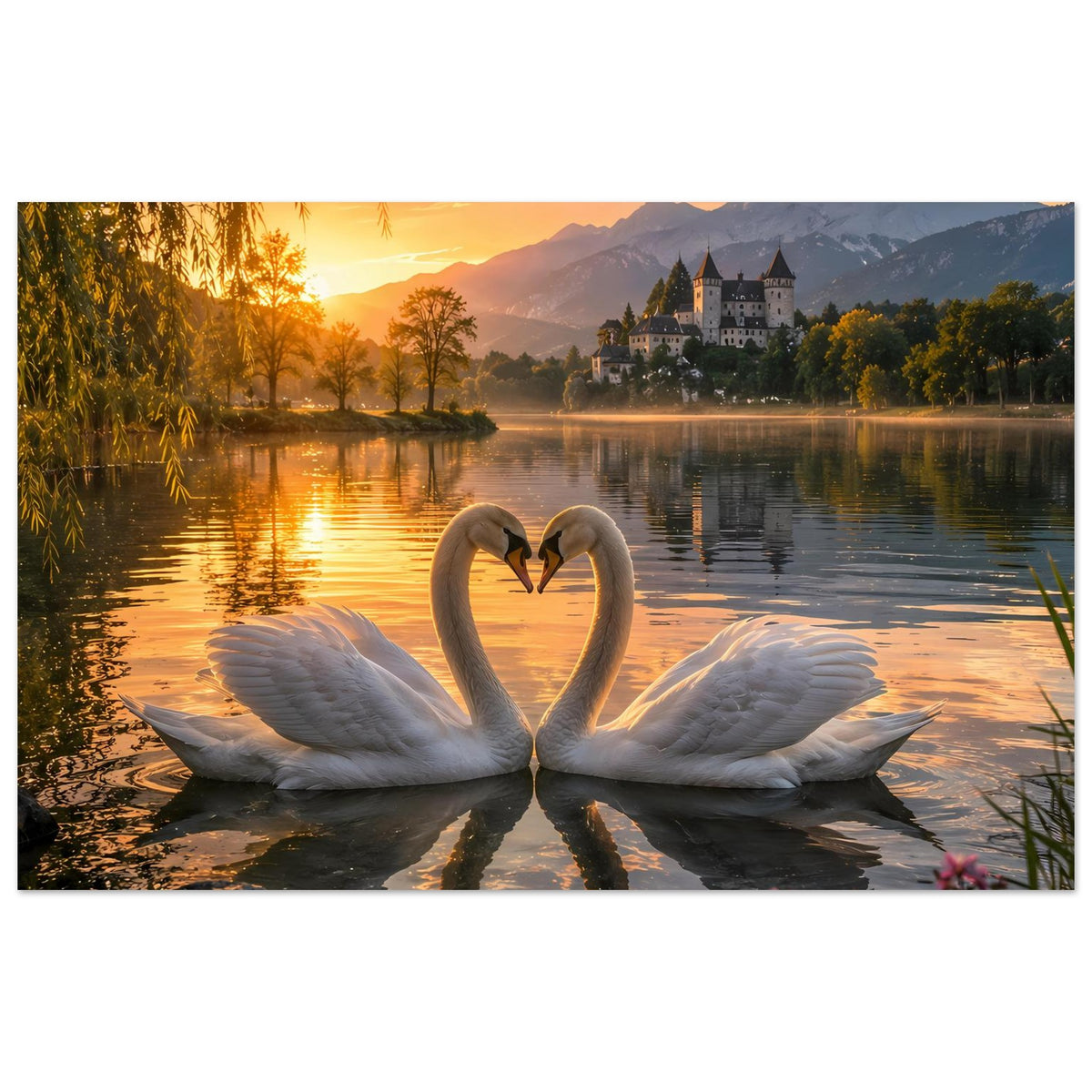 Breites Poster im Querformat: zwei Schwäne formen ein Herz bei Sonnenuntergang am See