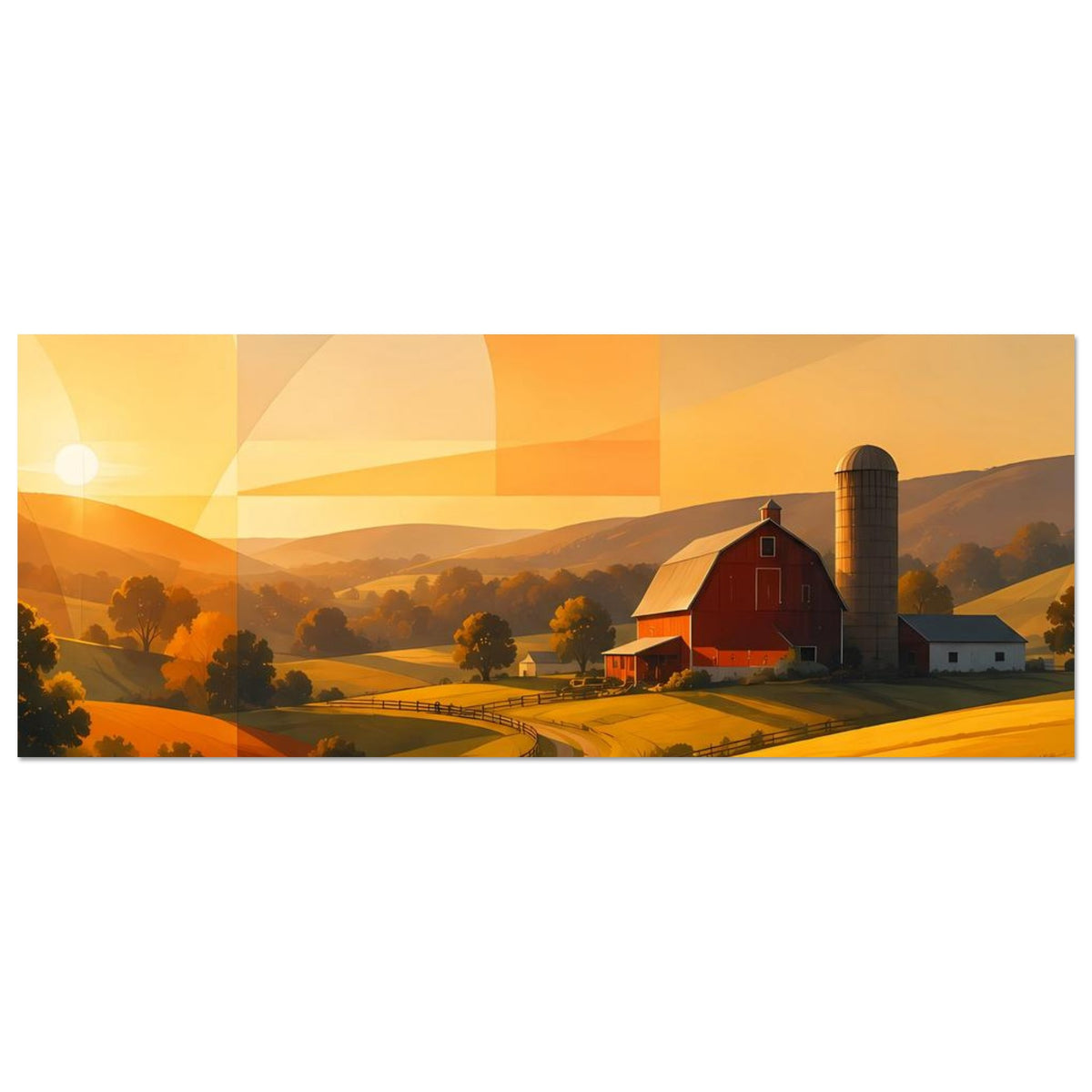 Quer-Poster: goldene Felder, Zäune und rotes Scheunenhaus mit Siloturm, abstrakte Farbfelder