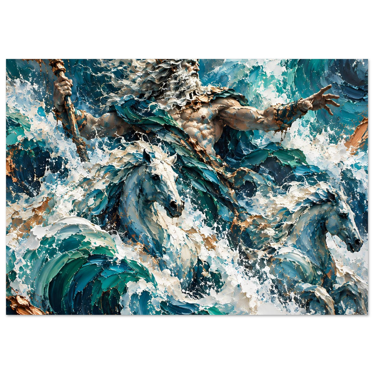 Poster im Querformat mit Neptun und Dreizack, dynamische Wellen in Blau, Grün und Weiß