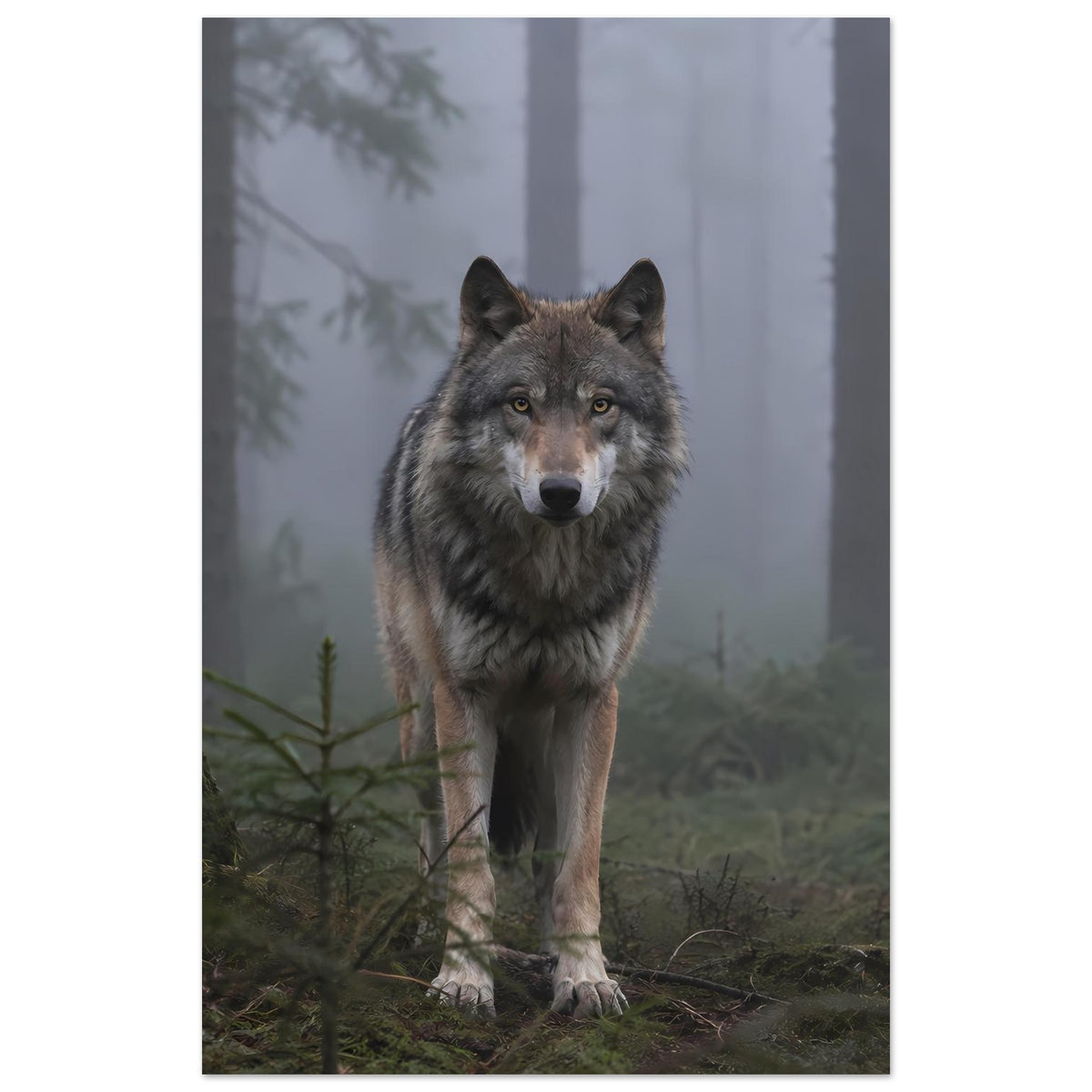 Poster im Hochformat mit grauem Wolf im Nebelwald, reduzierte Bildränder