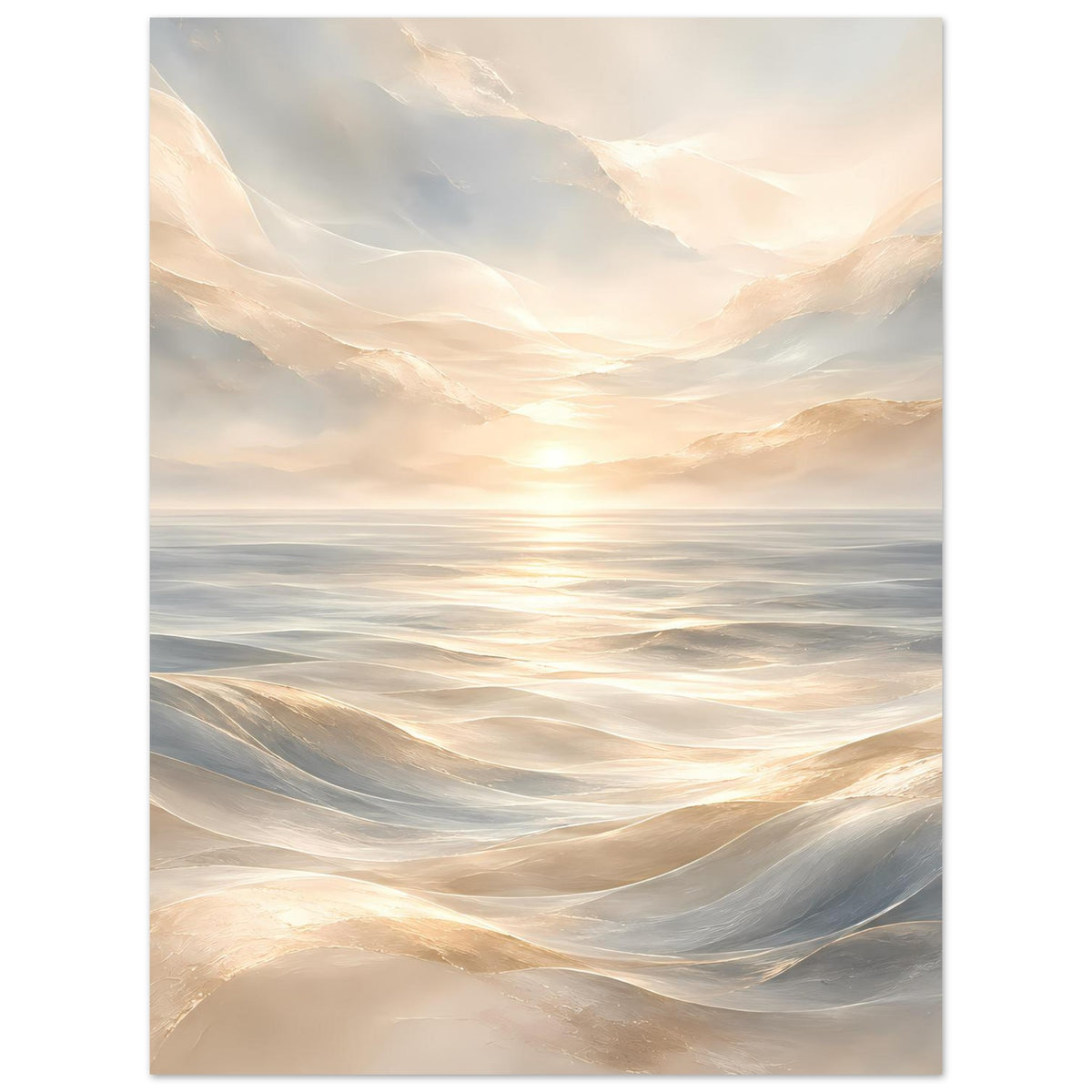 Poster mit sanften Wellenformen über dem Horizont, warmes Licht und helle Pastelltöne