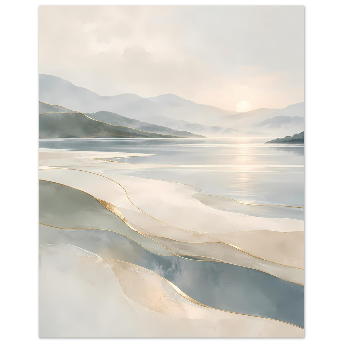 Poster mit Küstenlandschaft, Beige-Grau, goldfarbene Linien und sanften Wellenformen