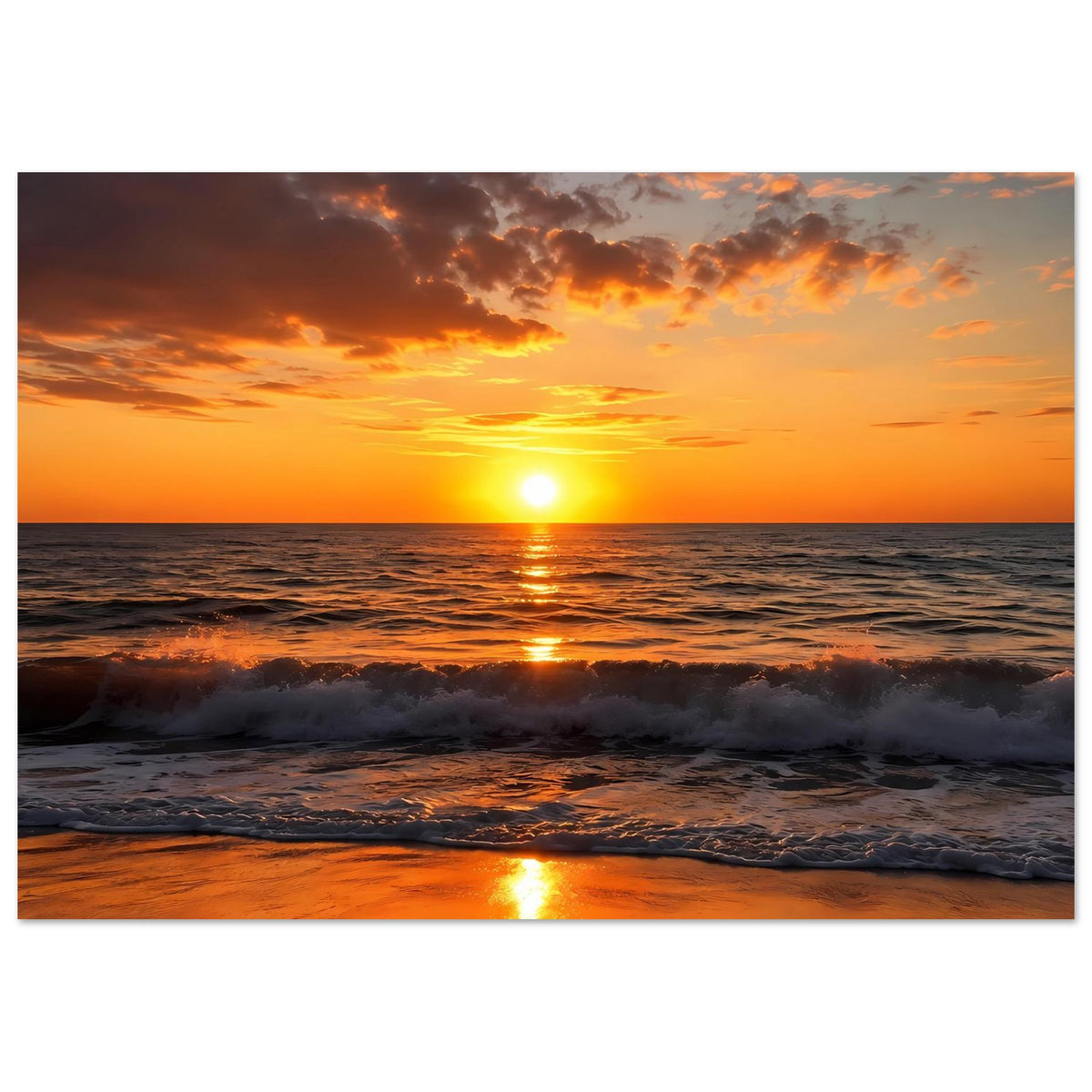 Querformat-Poster Meerblick bei Sonnenuntergang, Sonne über dem Horizont, Spiegelungen im Wasser