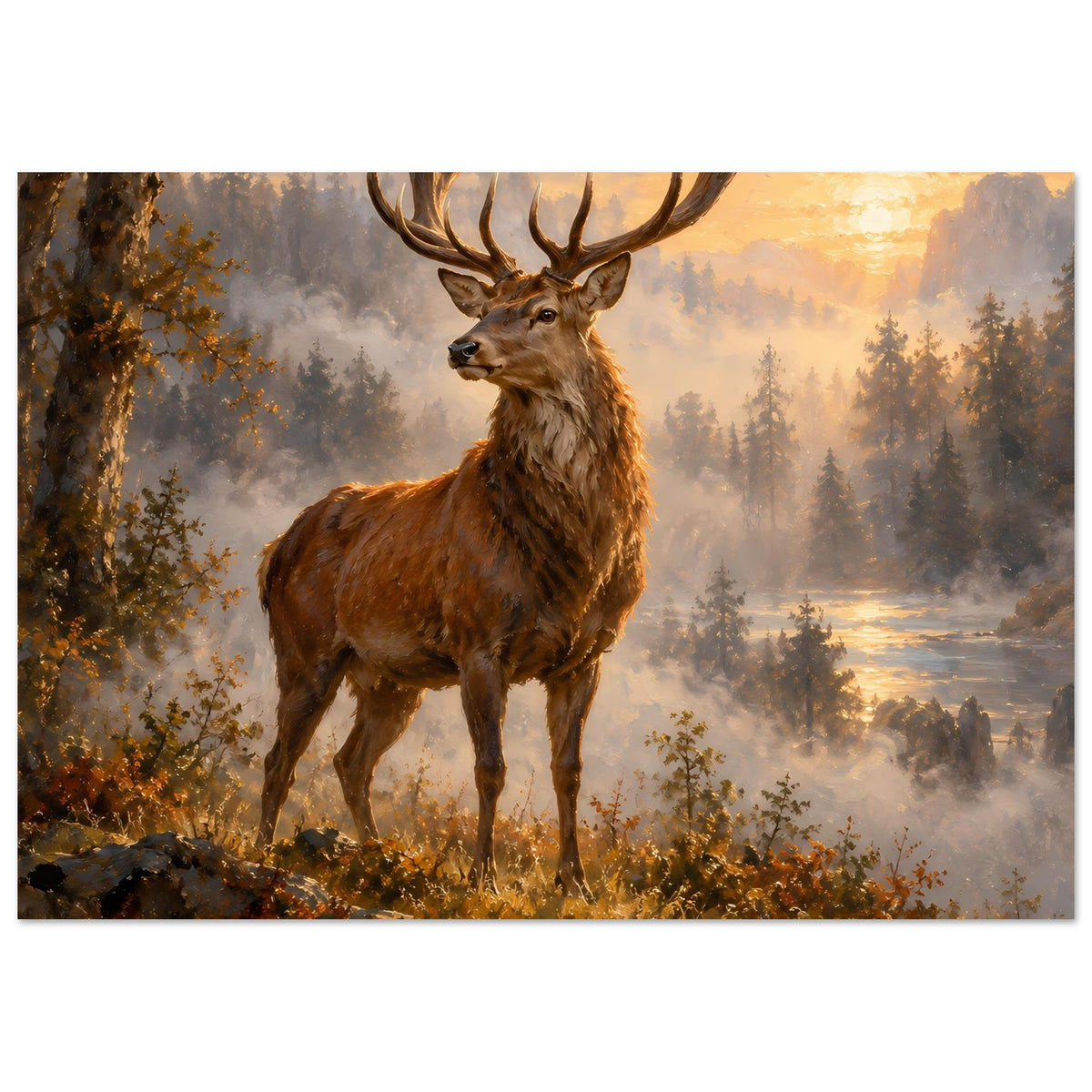 Majestic-Stag-Poster: brauner Hirsch mit Geweih, Morgenlicht im Wald, querformat