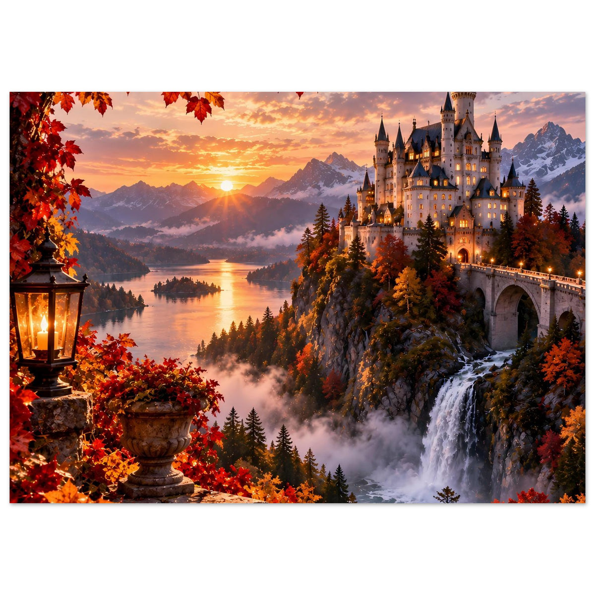 Poster mit Schloss und Wasserfall, Herbstbäume und Abendsonne, auf mattem Papier
