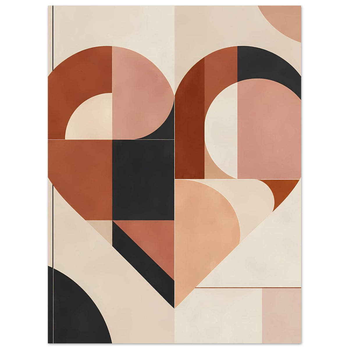 Poster mit geometrischem Herz aus geschwungenen Formen und Balken, Terrakotta, Rosa und Schwarz