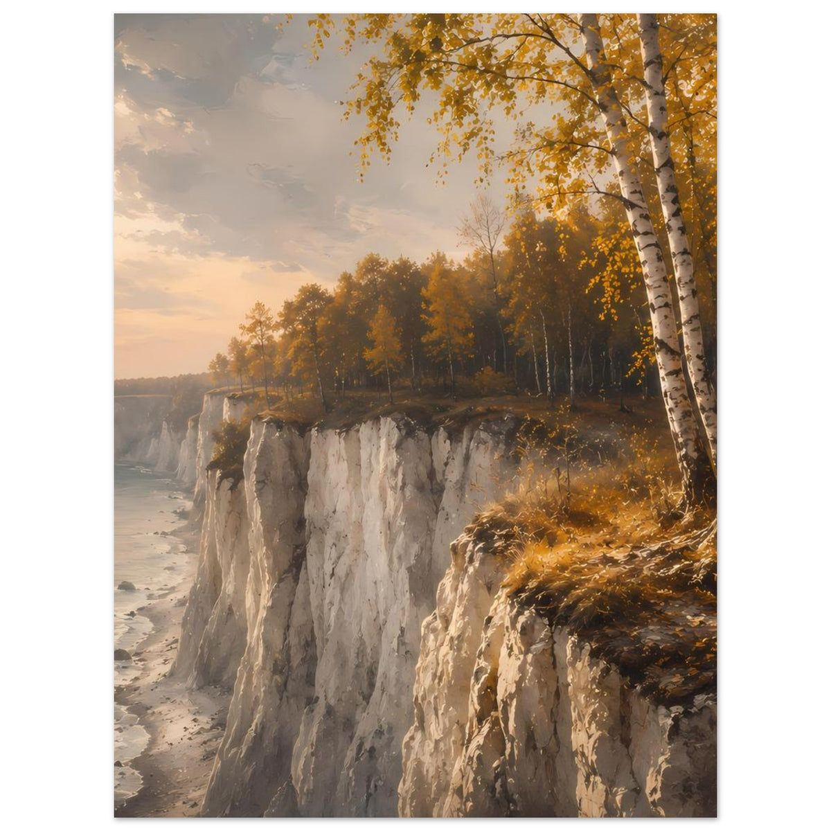 Herbstliches Küstenlandschafts-Poster: hohe Kreidefelsen, Birken mit gelben Blättern, matt.