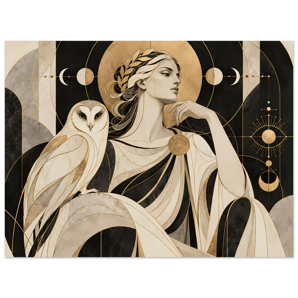 Vertikales Kunstposter: Frau im Profil mit Eule, goldene Kreise und Kugeln, beige auf dunkel