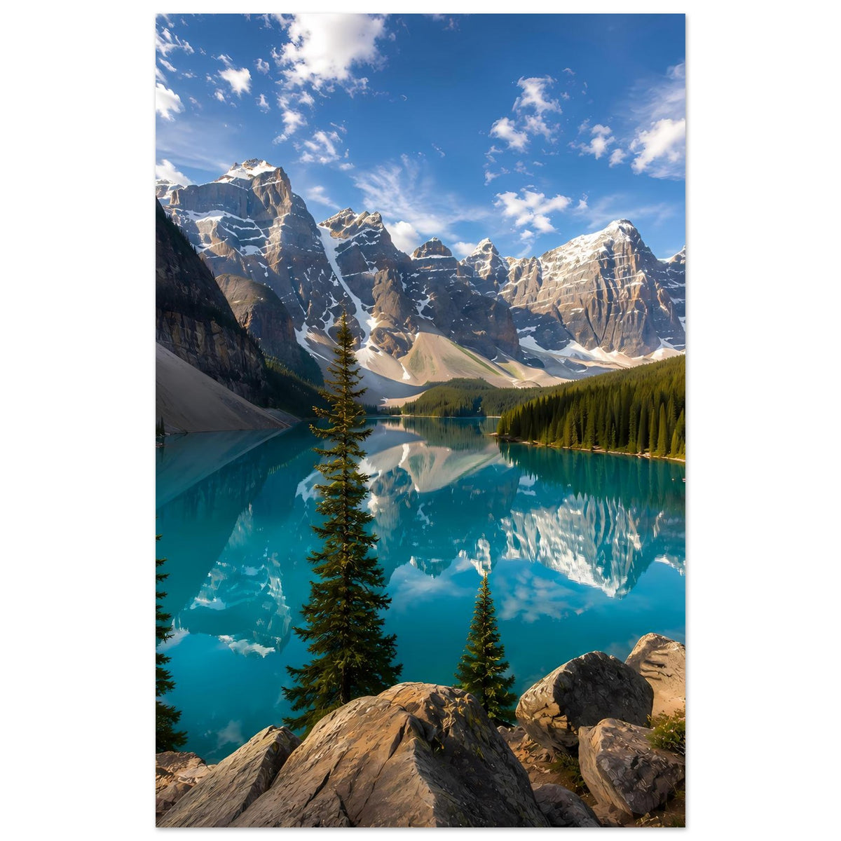 Hochformat-Kunstdruck mit türkisfarbenem Bergsee, Nadelbäumen, schneebedecktem Gebirge und Spiegelung.
