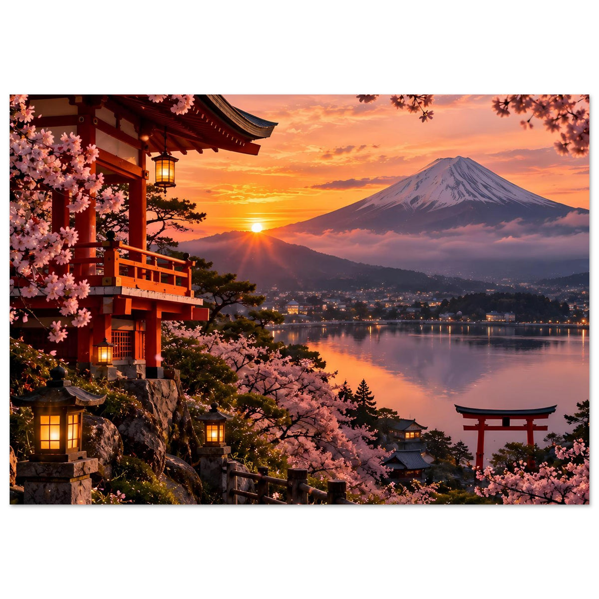 Premium-Poster mit Kirschblüten, Torii und Berg Fuji bei Sonnenuntergang, horizontal