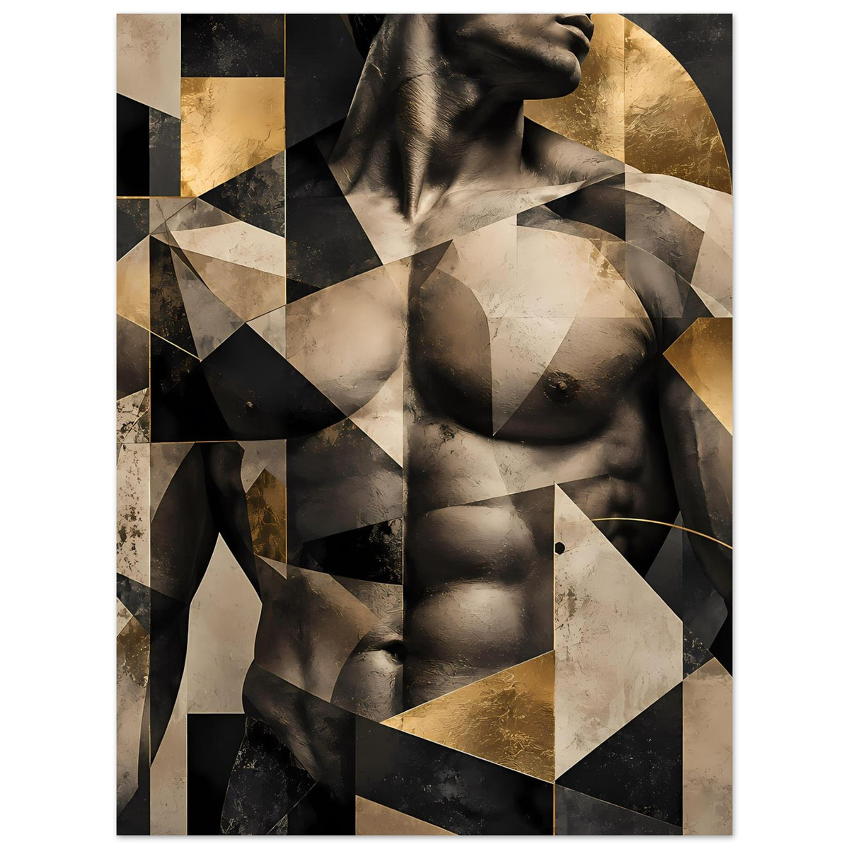 Abstraktes Aktkunst-Poster mit geometrischem Muster über Aktmotiv in Schwarz, Beige und Gold