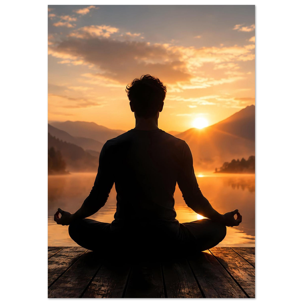 Poster mit Meditations-Silhouette zentral, Sonnenuntergang über See und Bergen