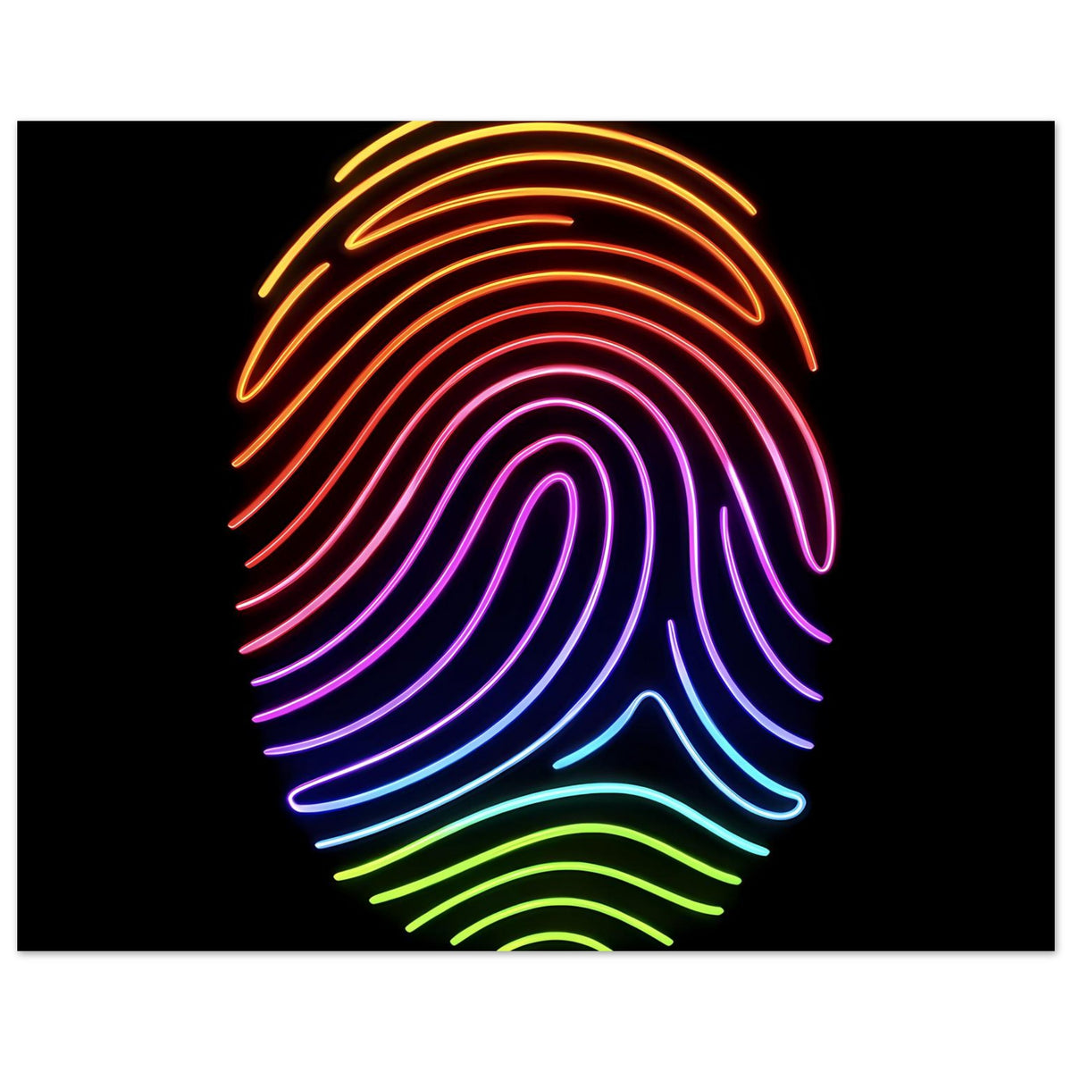 Querformatiges Regenbogen-Fingerabdruck-Poster: leuchtende Neonlinien auf schwarzem Hintergrund