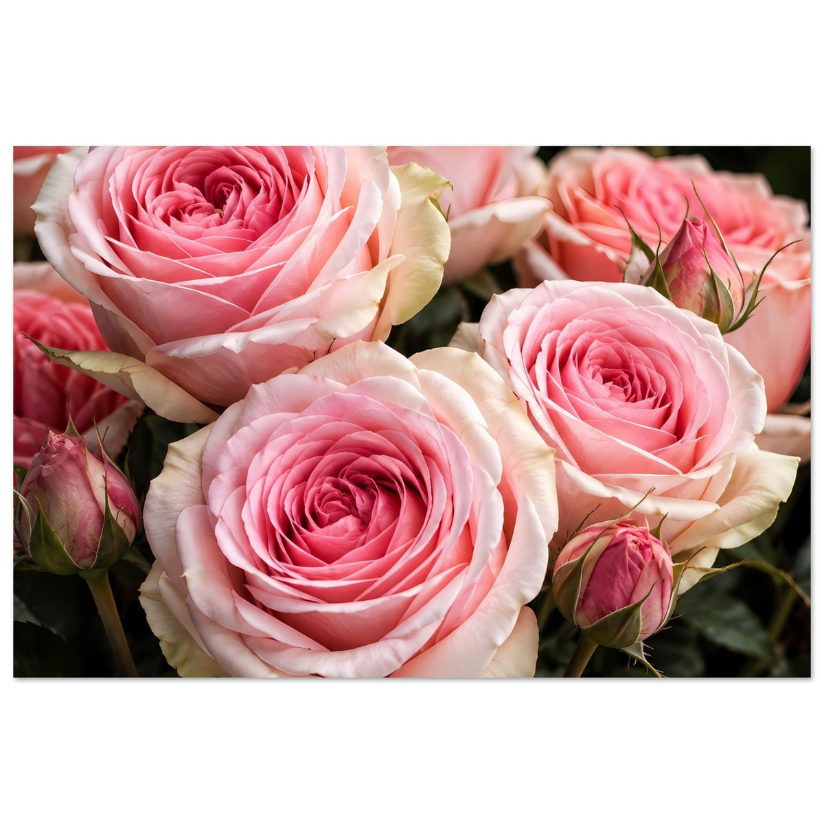 Poster mit rosa Rosenblüten und cremeweißen Blütenblättern, drei große Blüten