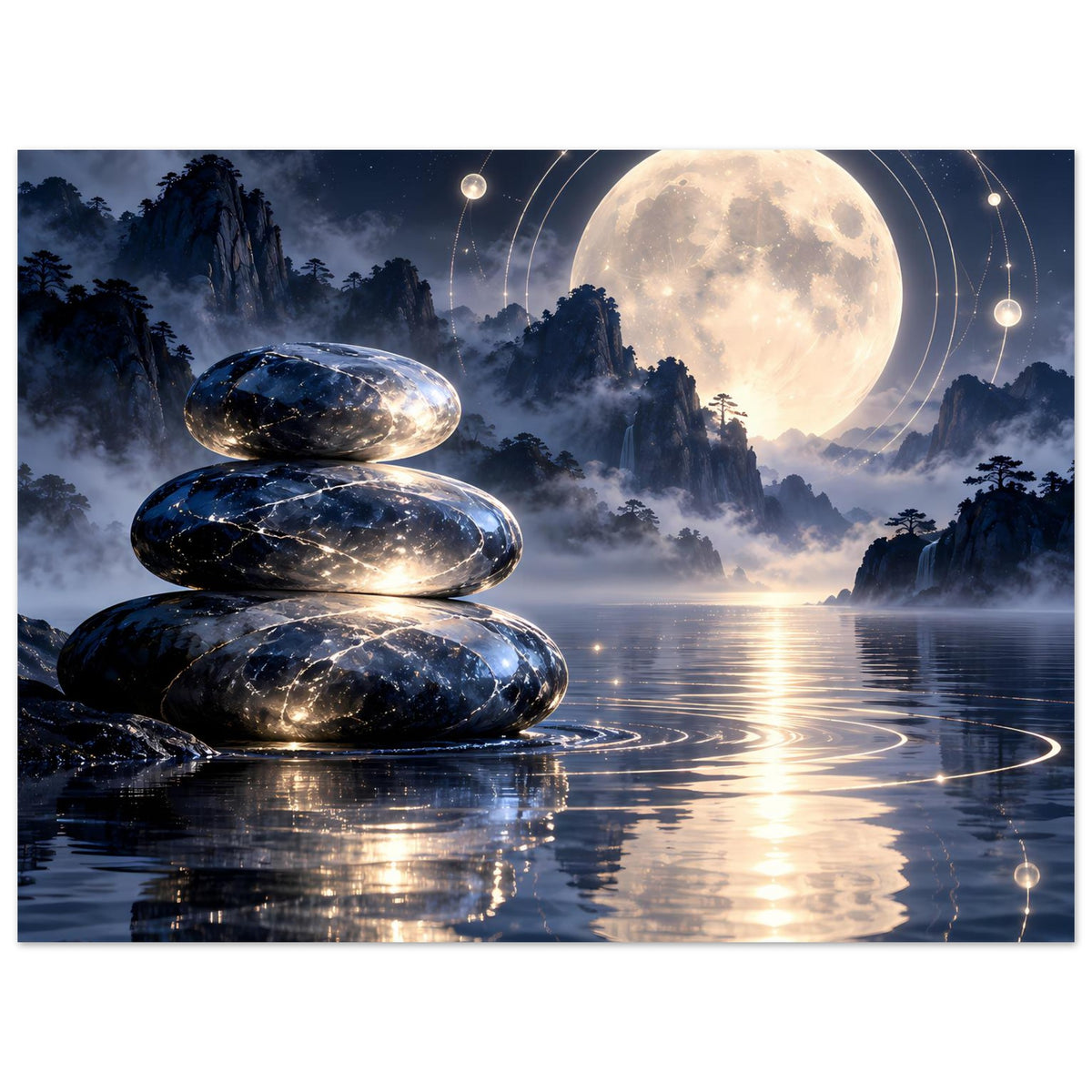 Poster mit Zen-Steinen und Vollmond über Wasser, umkreisende Lichtpunkte im Himmel