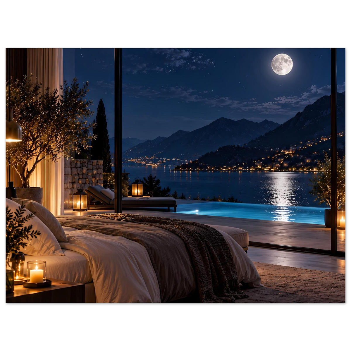 Schlafzimmerposter mit Bett, warmen Lichtern und Mondblick auf See und Berge