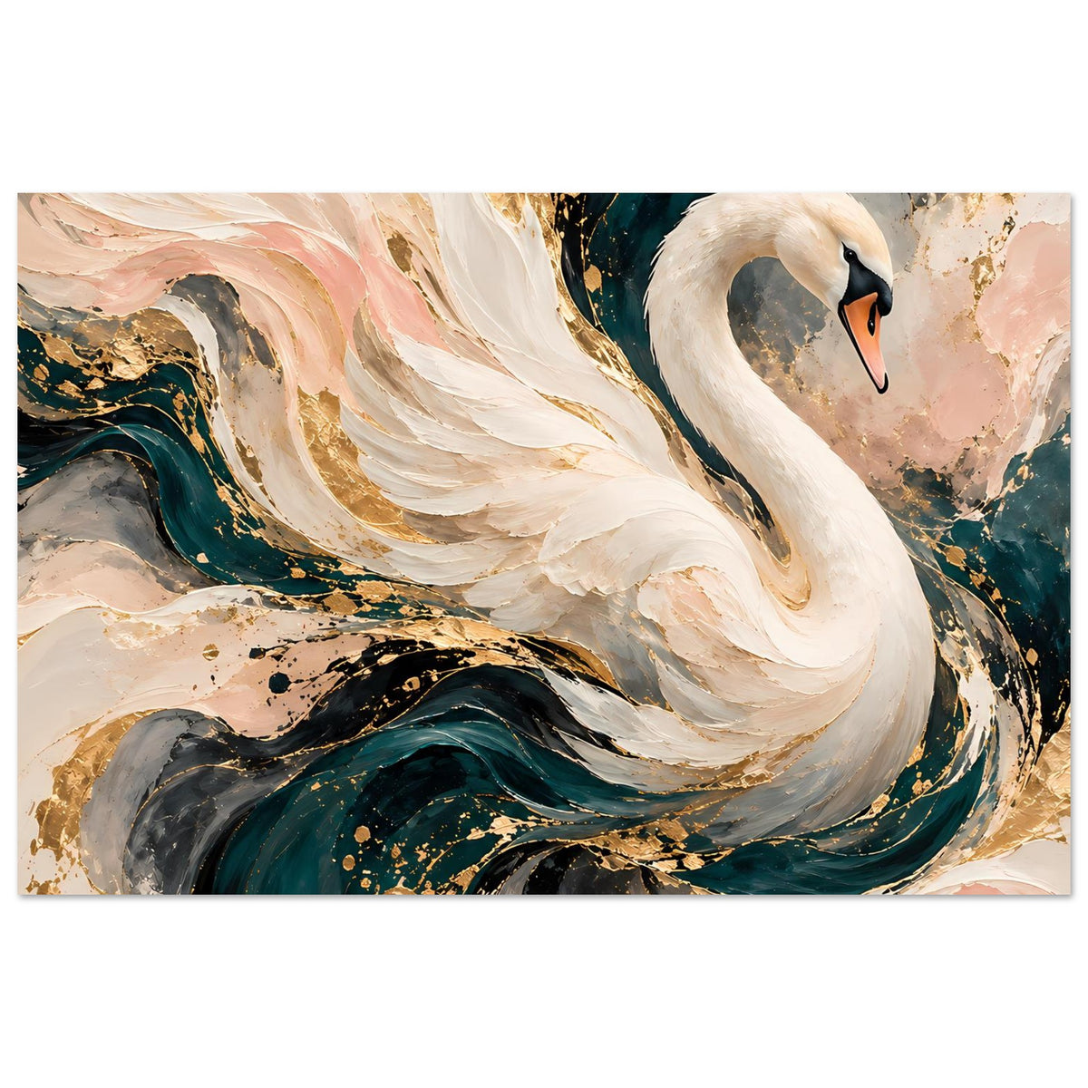 Kunstposter mit weißem Schwan im Querformat, abstrakte Pinselstriche in Grün, Gold und Schwarz