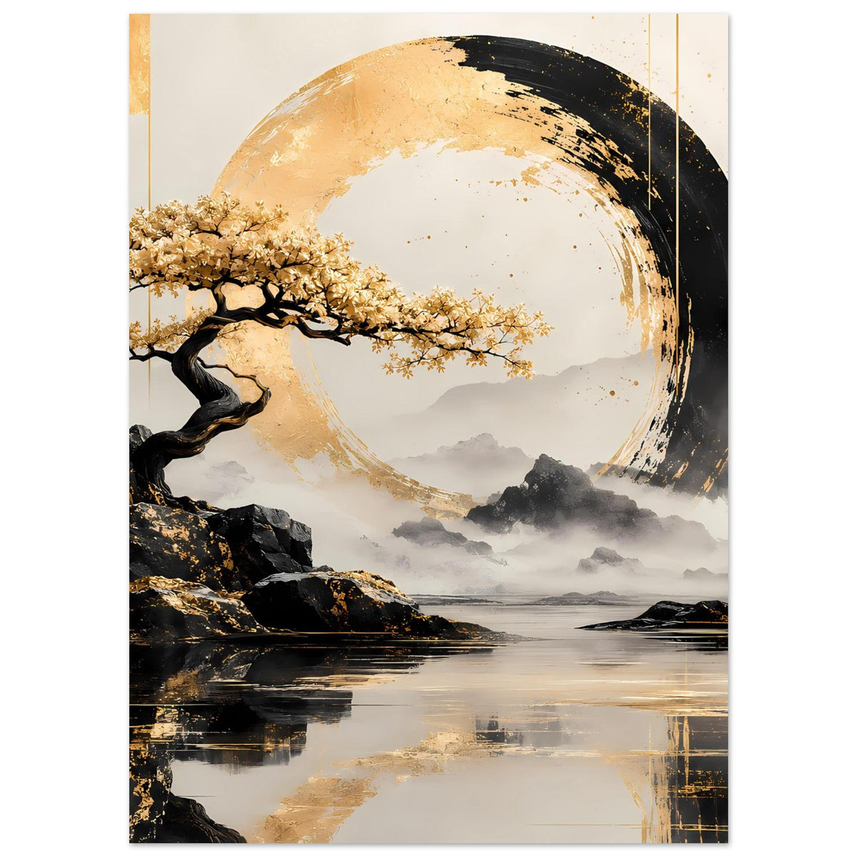 Poster mit gold-schwarzem Kreis, Baumzweigen, Felsen und spiegelnder Wasserfläche