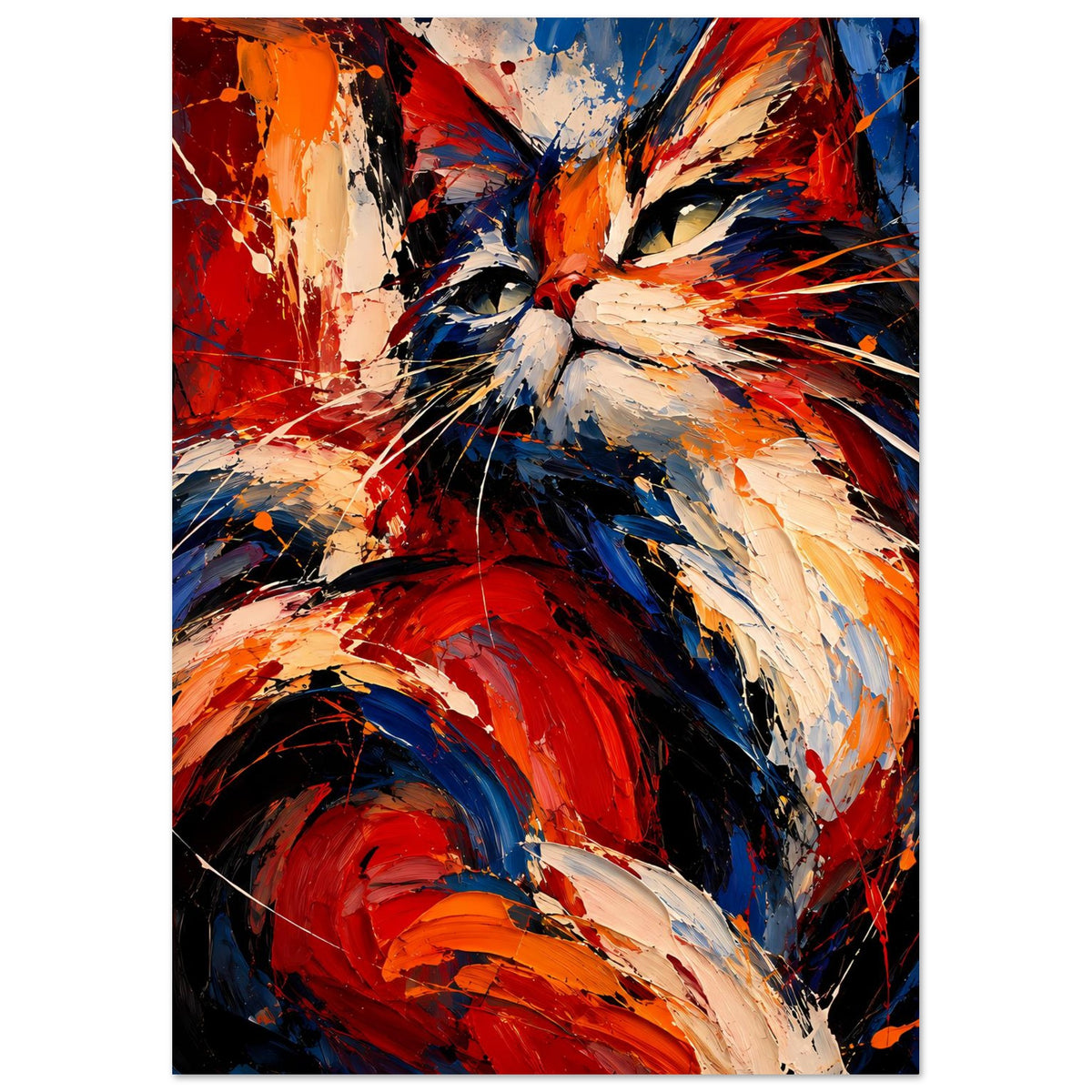 Hochformatiges abstraktes Katzenposter, Katzenkopf-Motiv mit kräftigen Rot- und Blautönen