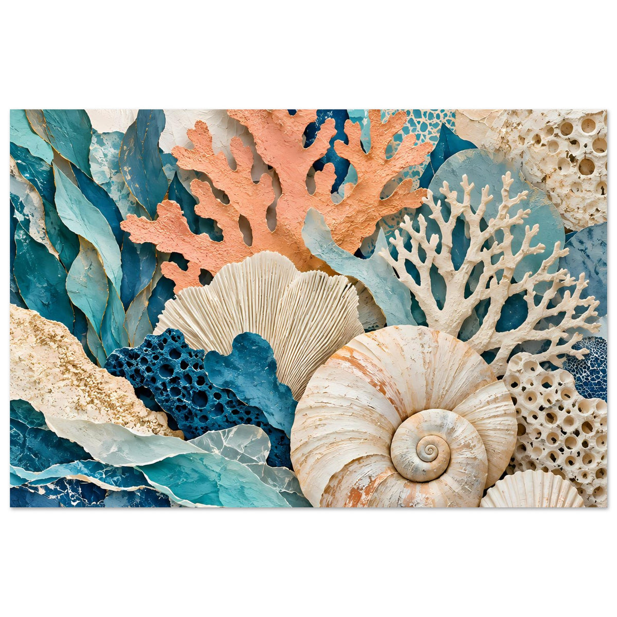 Poster mit Korallen- und Muschelmotiv in Blau-, Türkis- und Beigetönen, quer