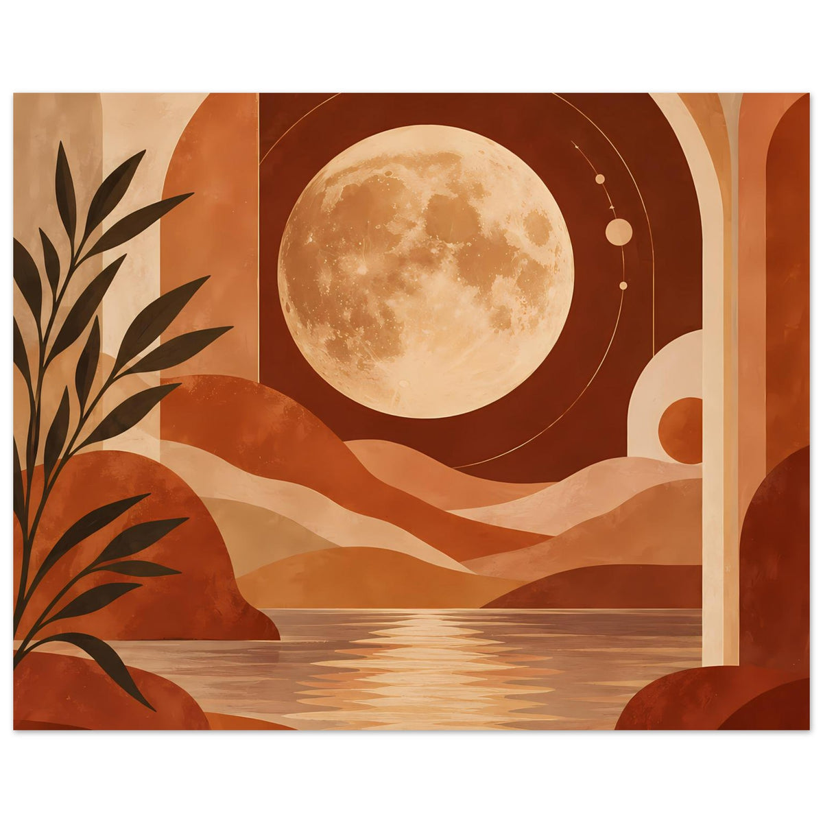 Boho-Poster: großer Vollmond, geschwungene Kreise und Bögen über Oase mit Sanddünen und Pflanzen
