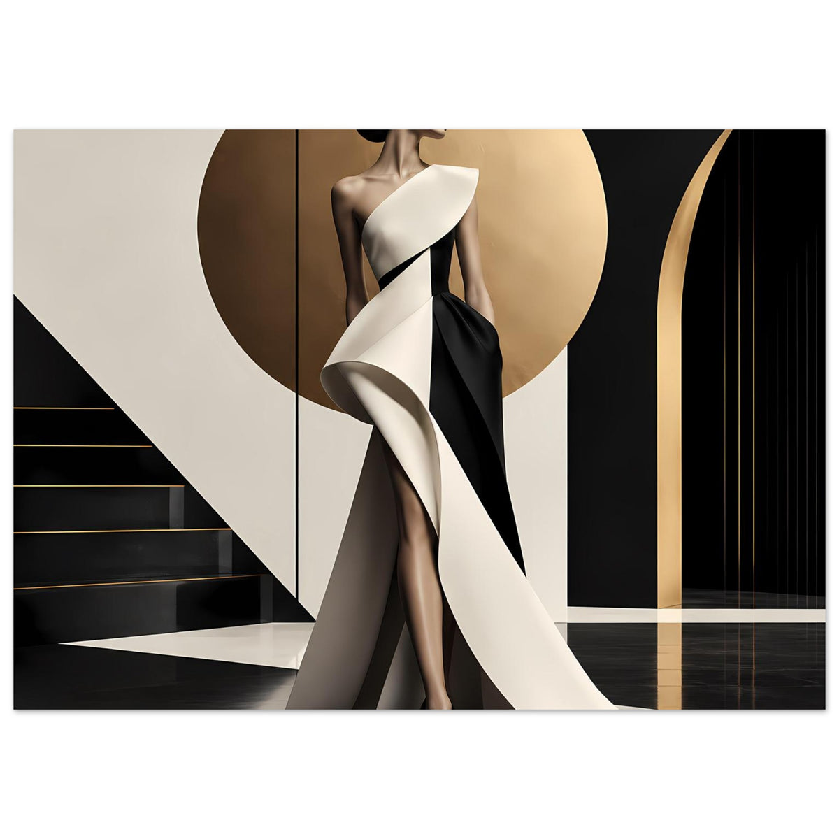 Modeposter mit eleganter Frau im schwarz-weißen Kleid und geometrischem Design