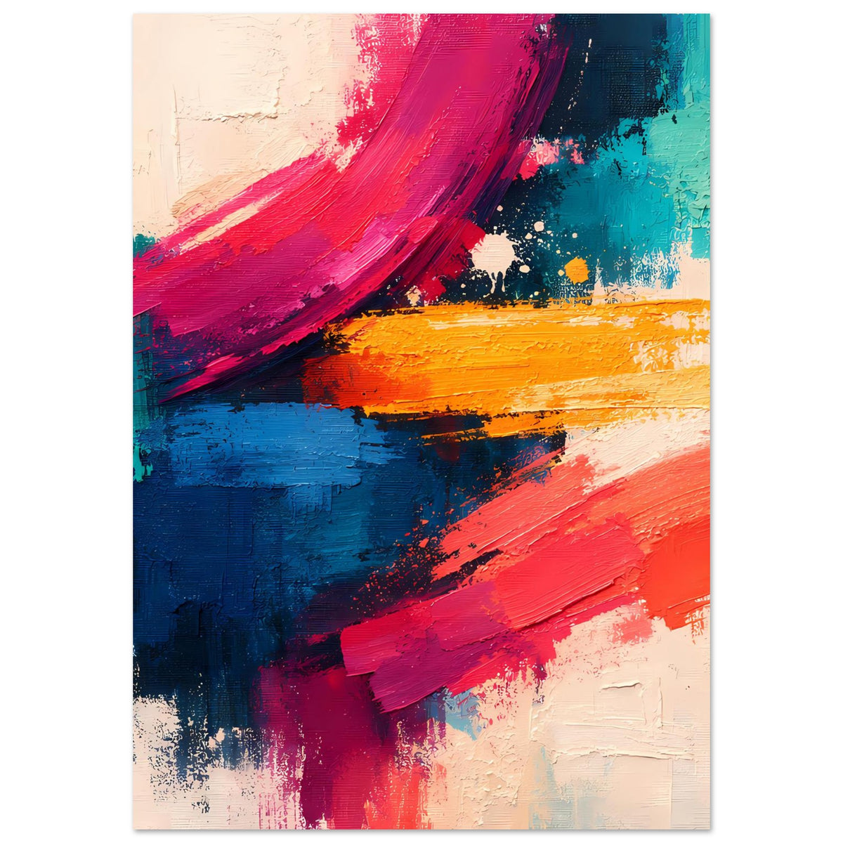 Abstraktes Pinselstrich-Poster im Hochformat mit bunten Pinselstrichen in Blau, Magenta und Orange.